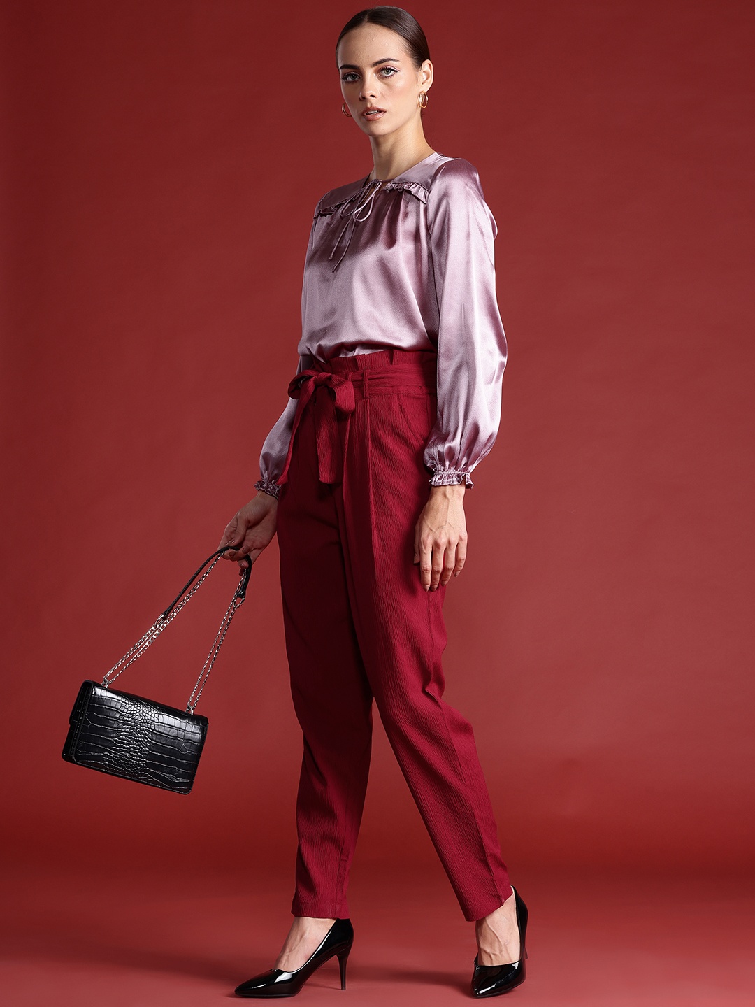 

All About You Formals Women Textured Pleated High-Rise Trousers, Maroon
