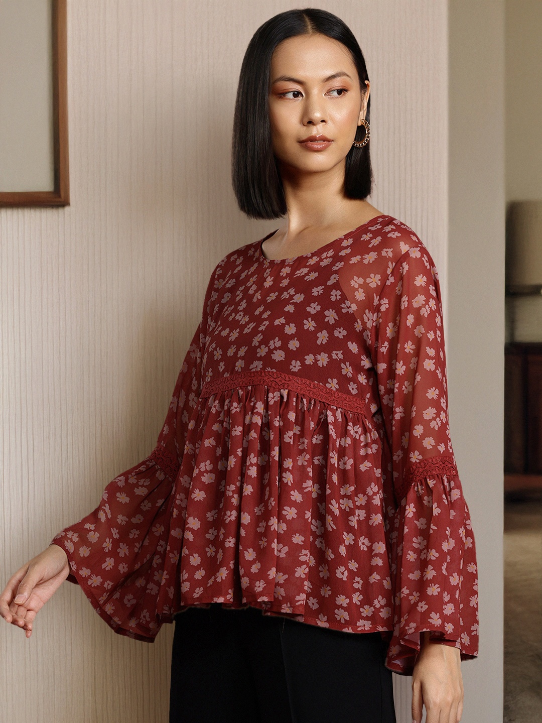 

all about you Floral Print Semi-Sheer Top, Maroon