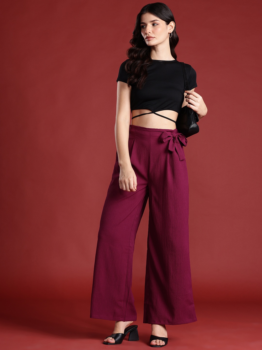 

all about you Women Textured Pleated Tie-Up Detail Trousers, Burgundy