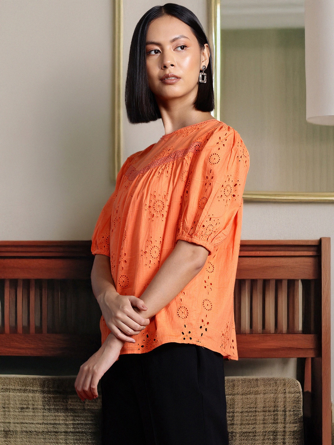 

all about you Embroidered Puff Sleeve Cotton Top, Orange