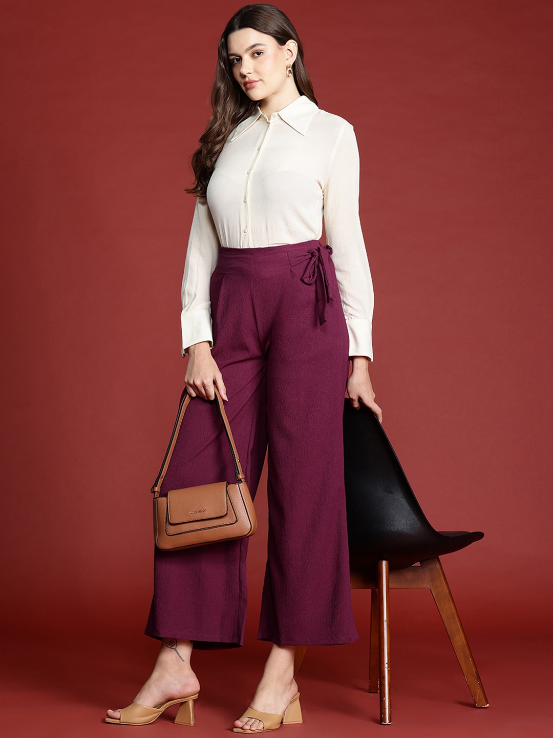 

all about you Women Textured High-Rise Trousers, Burgundy