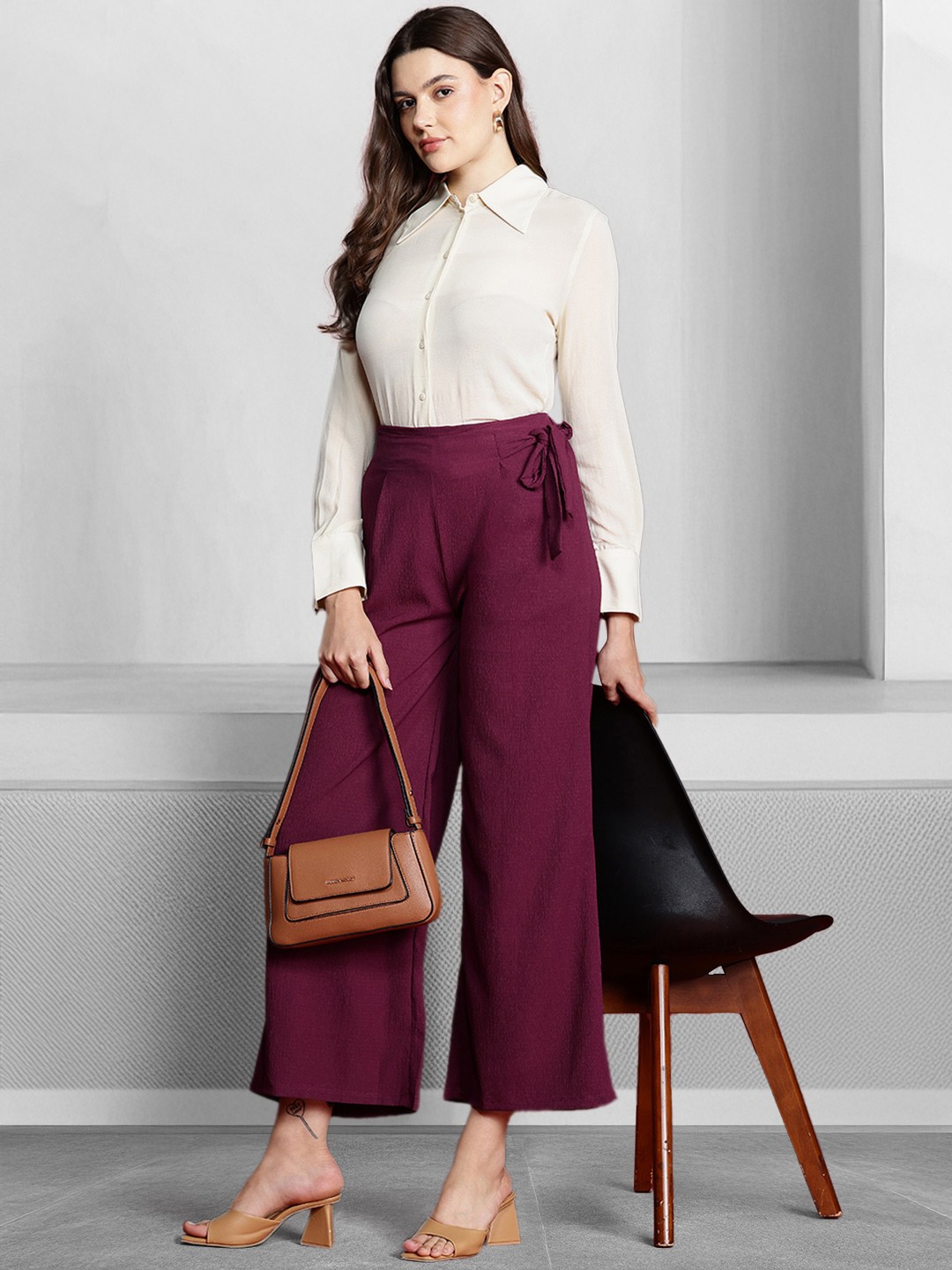 

all about you Women Textured High-Rise Trousers, Burgundy