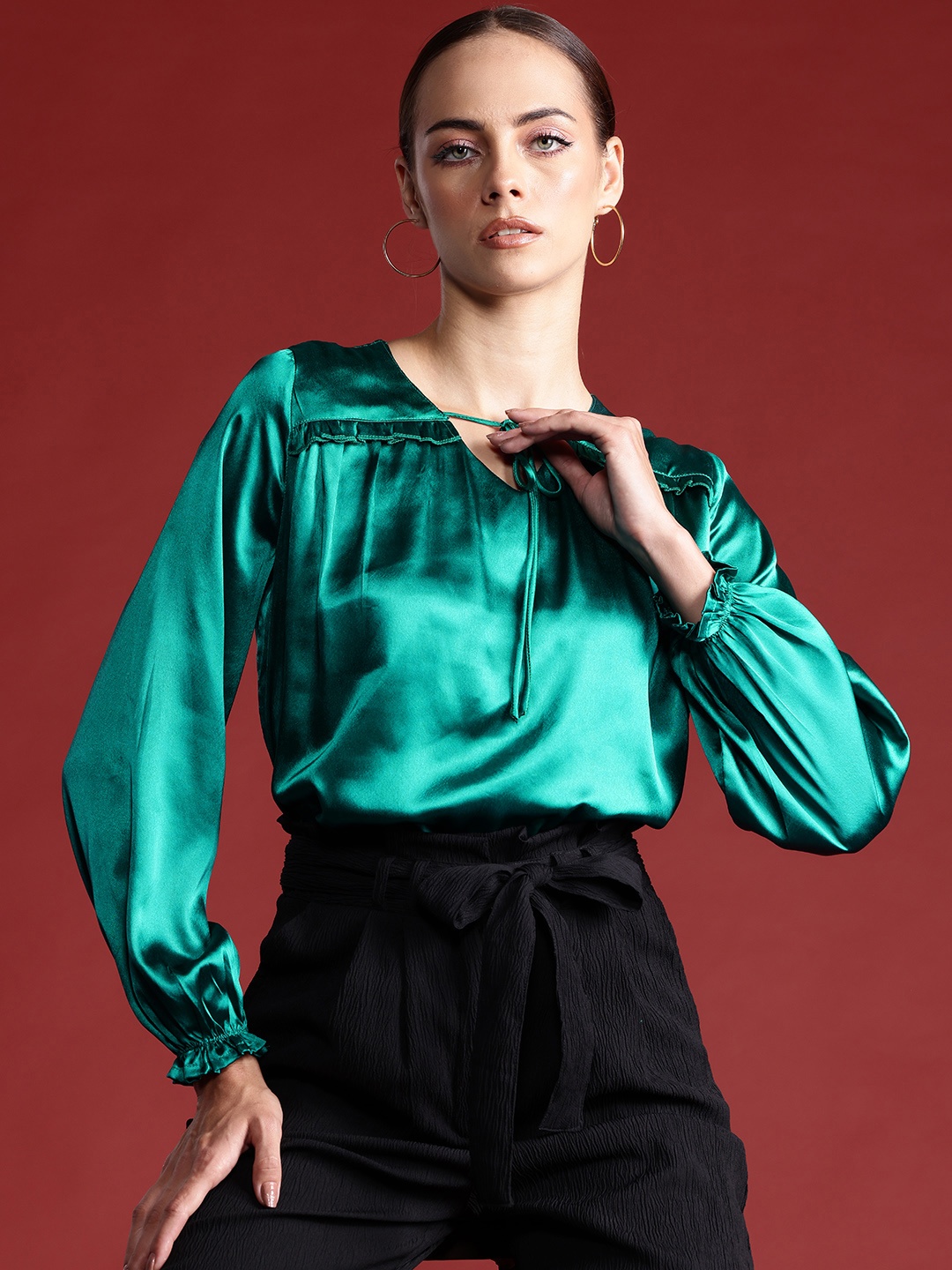 

All About You Formals Puff Sleeve Ruffled Satin Finish Top with Tie-Up Detail, Green