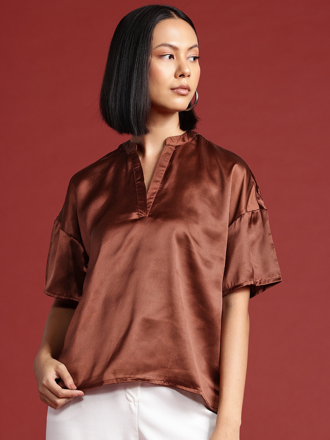 

All About You Formals Satin Mandarin Collar Top, Brown