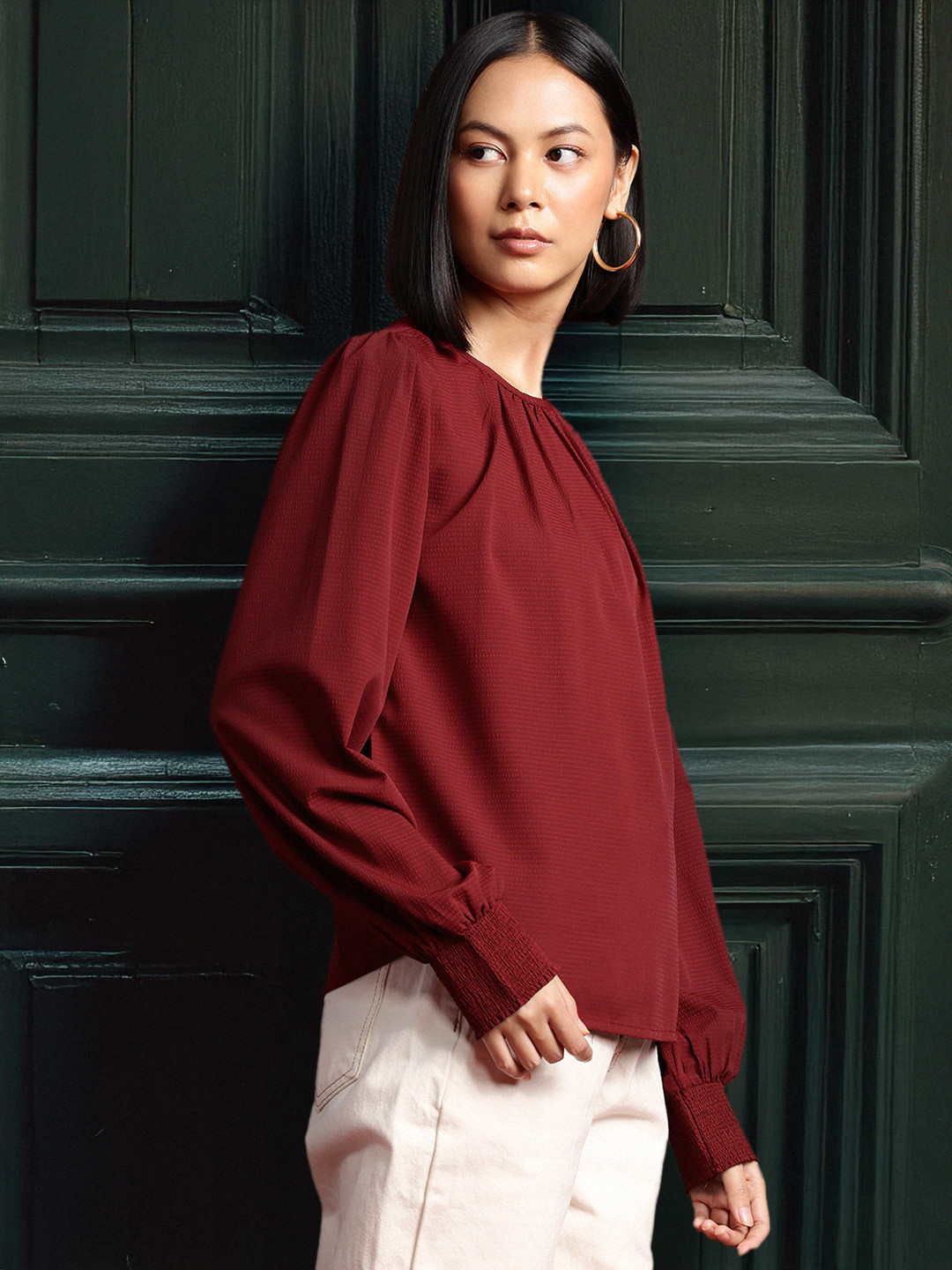 

all about you Self-Design Puff Sleeve Top, Maroon