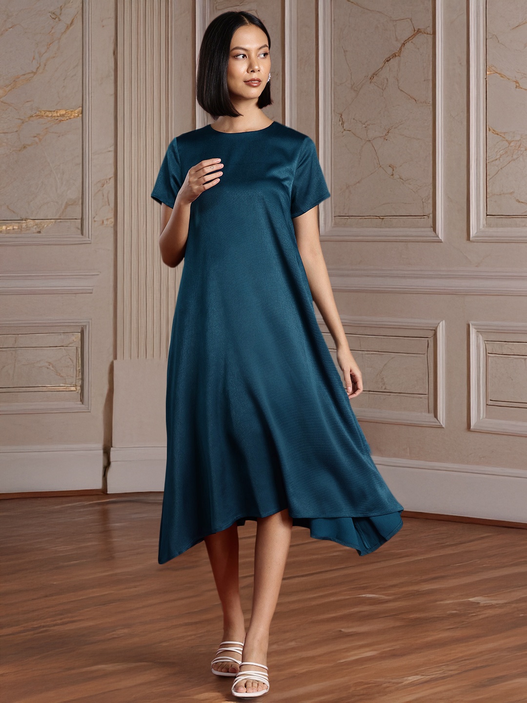 

all about you Satin Finish Flared Hem A-Line Midi Dress, Navy blue