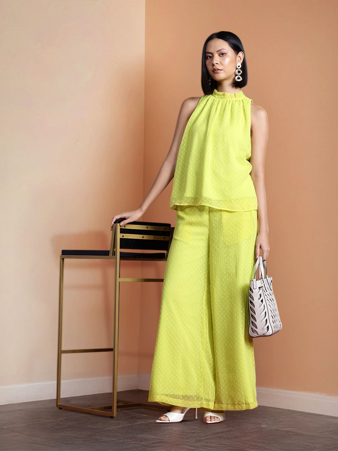 

all about you Halter Neck Dobby Top with Parallel Trousers, Lime green