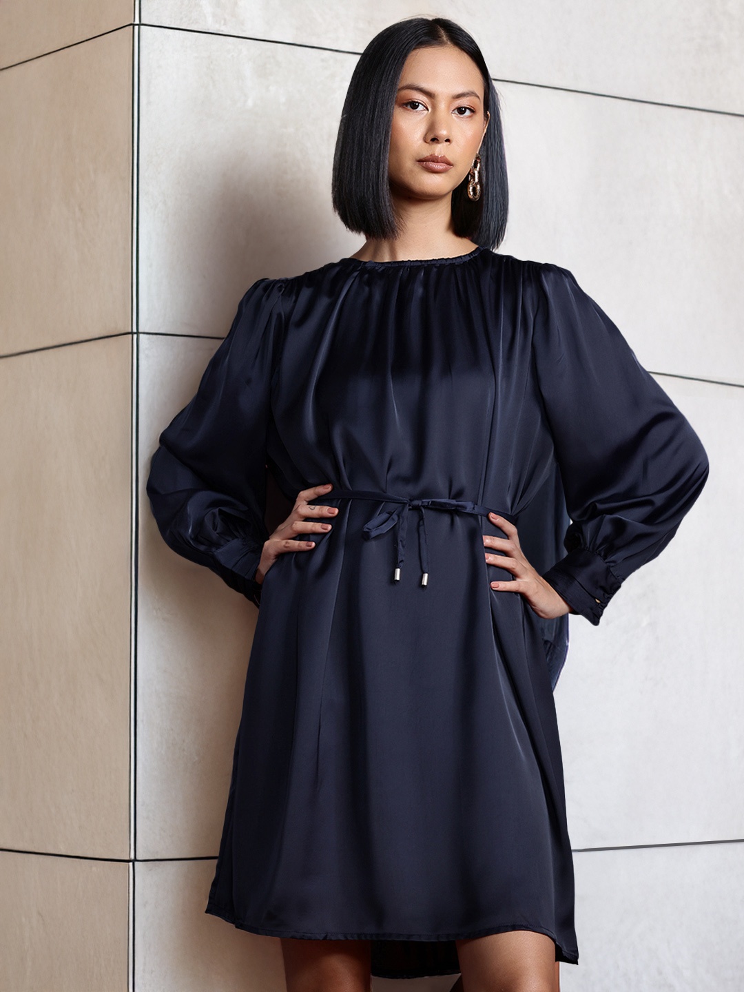 

all about you Satin A-Line Dress with Belt, Navy blue