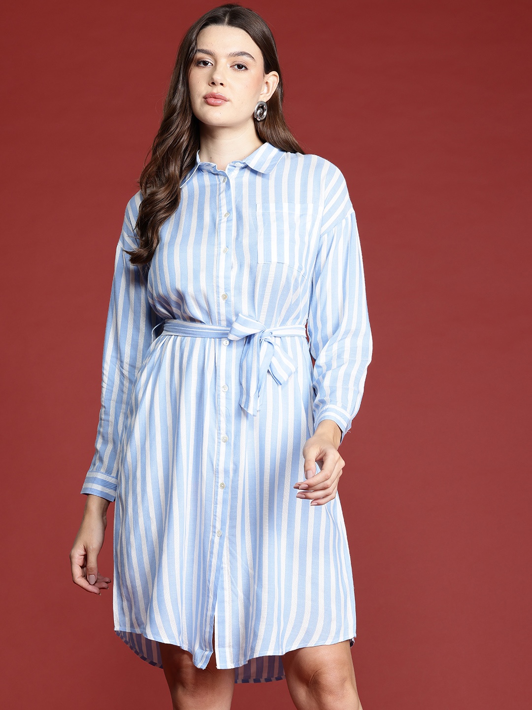 

all about you Pure Cotton Striped Shirt Dress with Belt, Blue