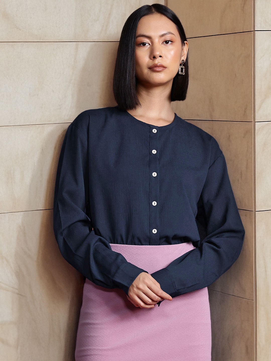 

All About You Formals Textured Formal Shirt, Navy blue