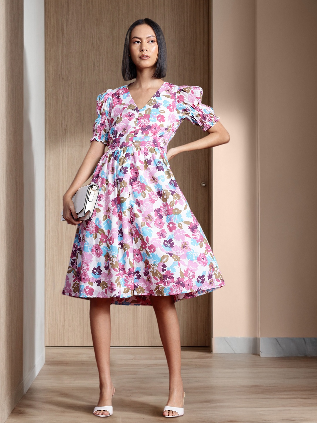 

all about you Floral Print Pure Cotton A-Line Dress, White