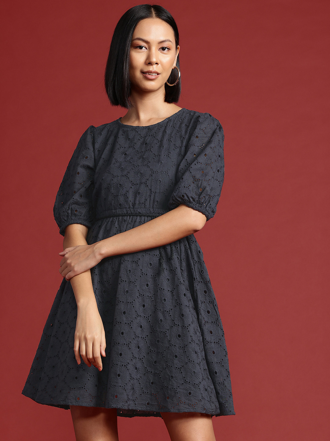 

all about you Pure Cotton Schiffli A-Line Dress, Black