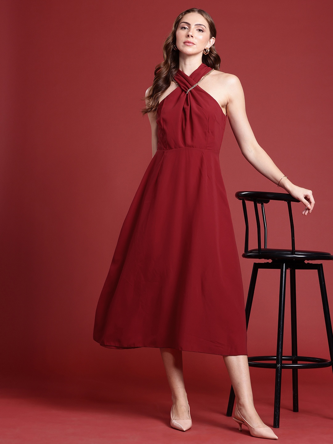 

All About You Formals Criss-Cross Neck A-Line Midi Dress, Maroon