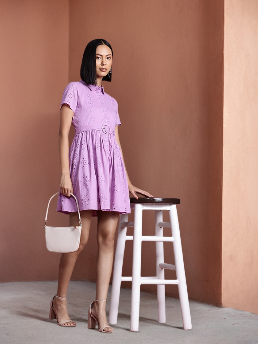 

all about you Pure Cotton Schiffli A-Line Dress with Belt, Lavender