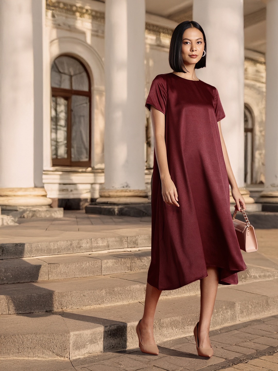 

all about you Satin Finish Flared Hem A-Line Midi Dress, Maroon