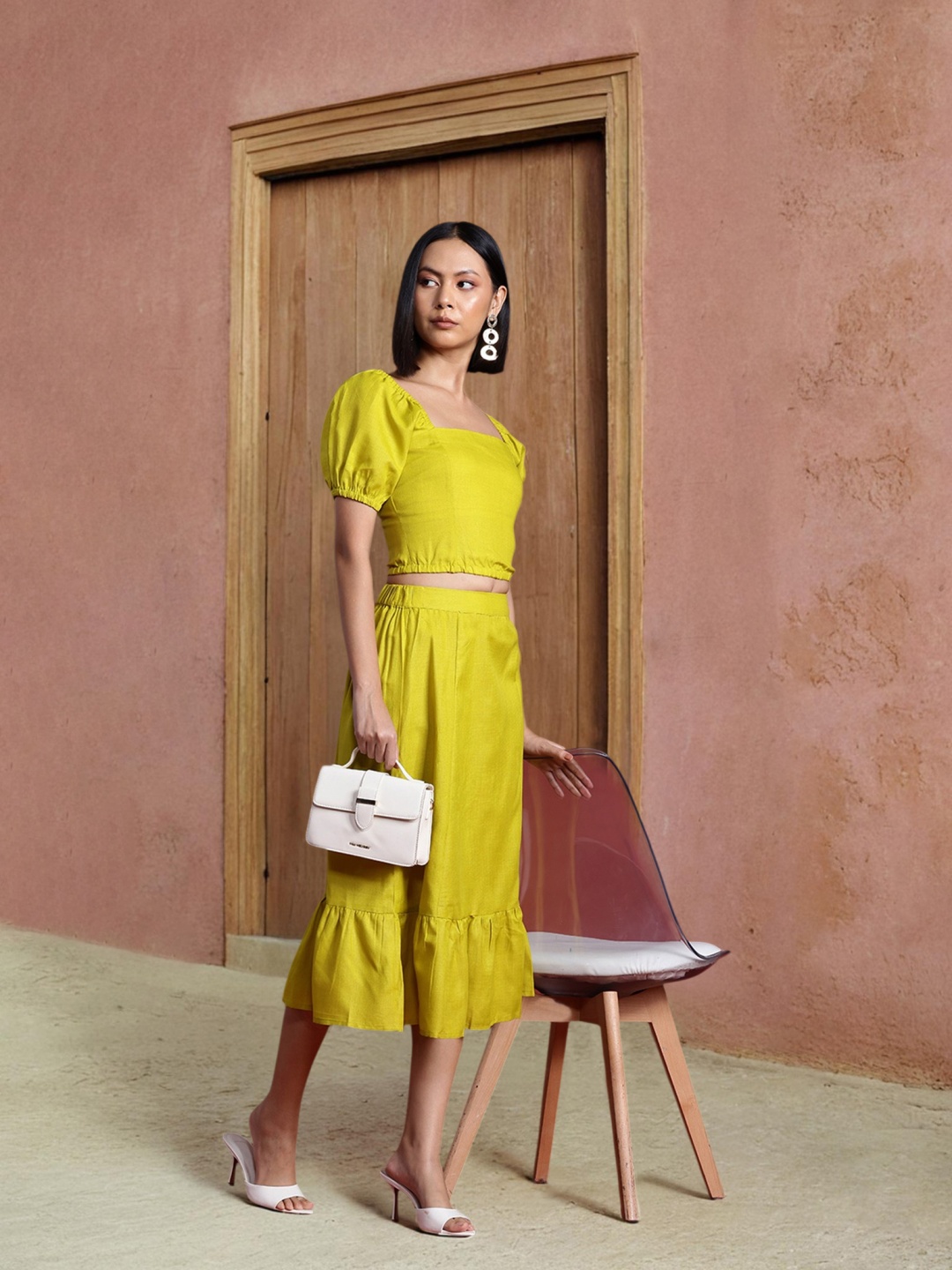 

all about you Smocked Top with Flounce Midi Skirt Co-Ord Set, Lime green