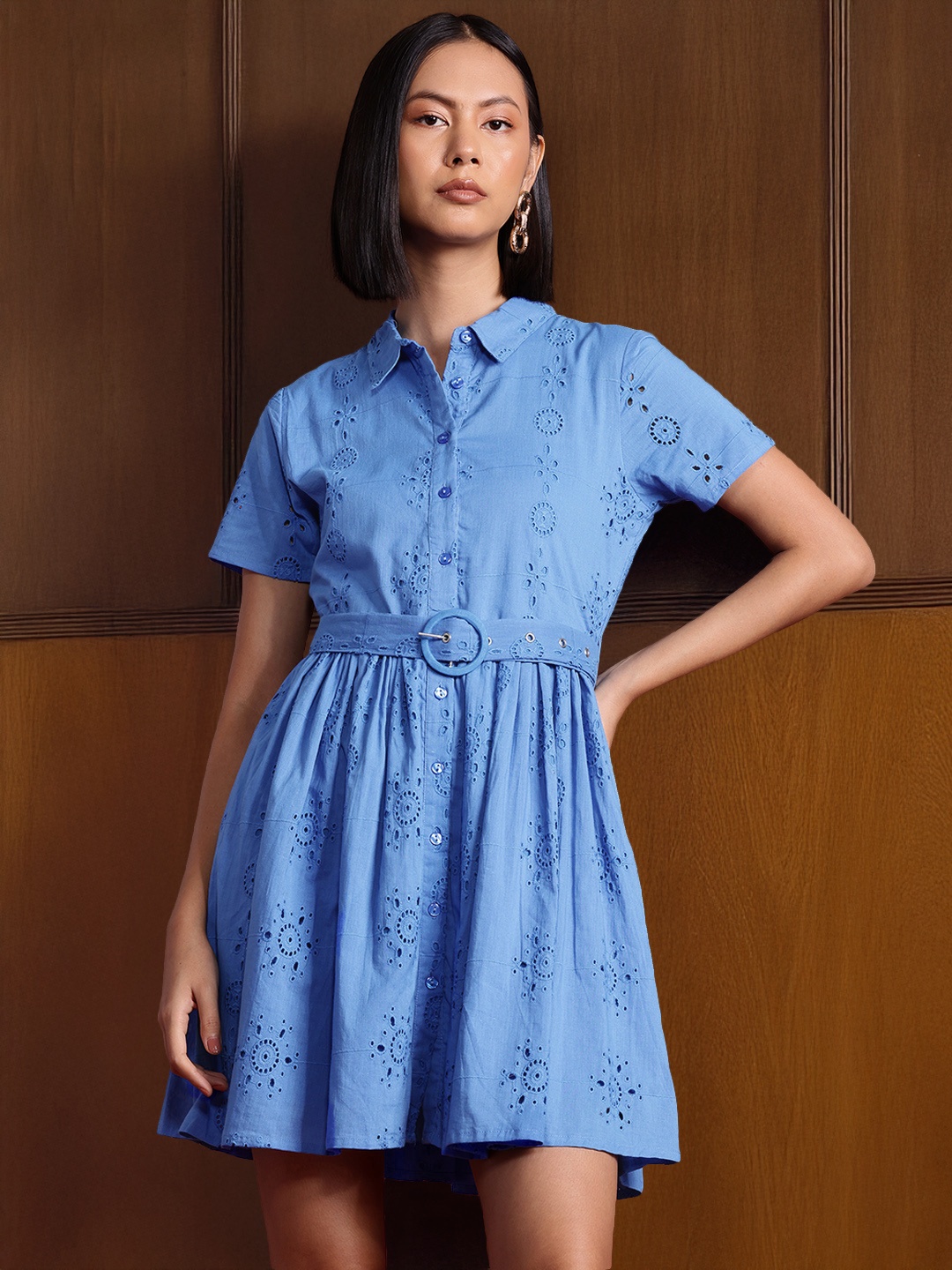 

all about you Schiffli Pure Cotton A-Line Dress with Belt, Blue