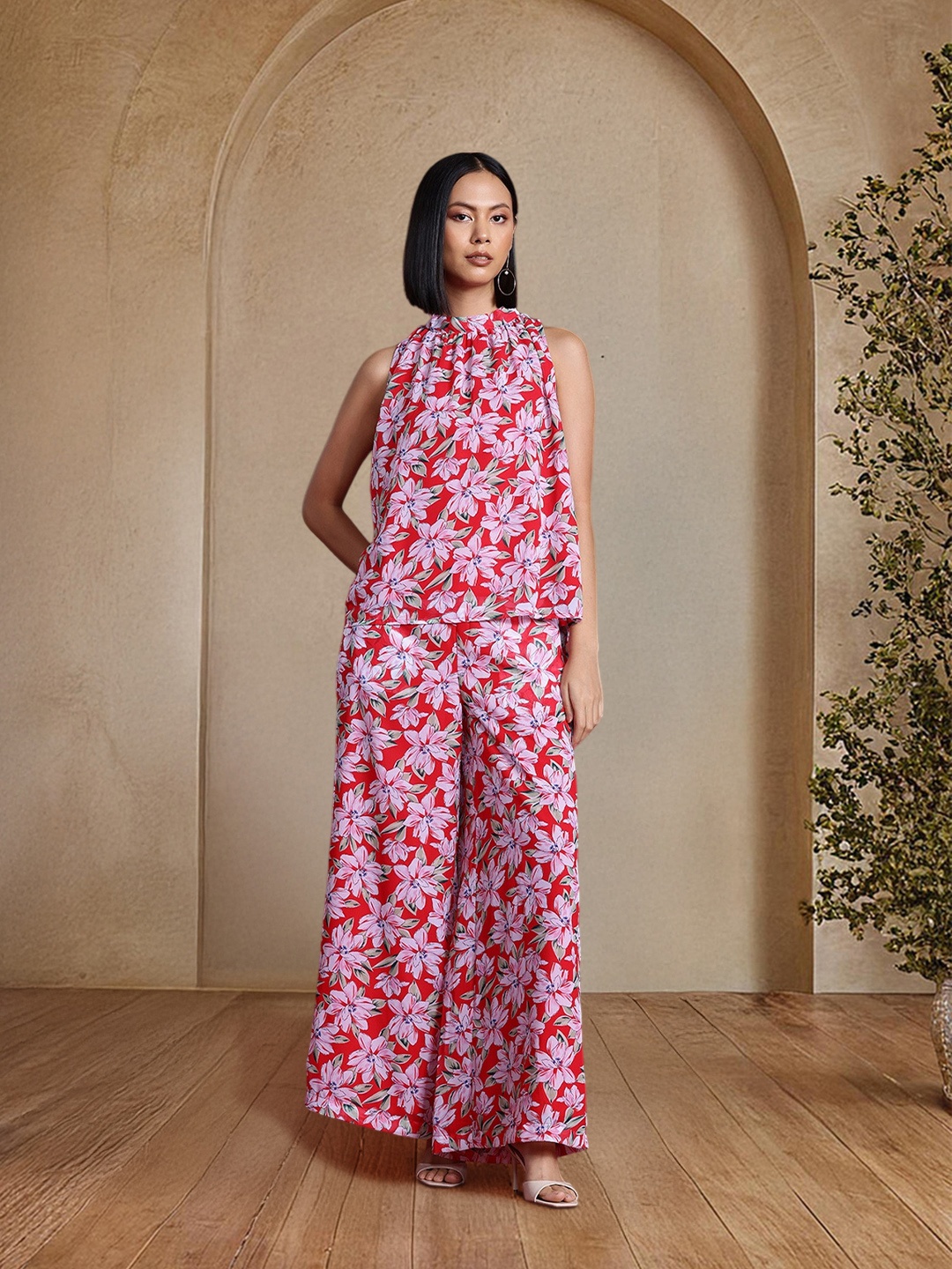 

all about you Floral Print Halter Neck Top with Trousers Co-Ord Set, Red