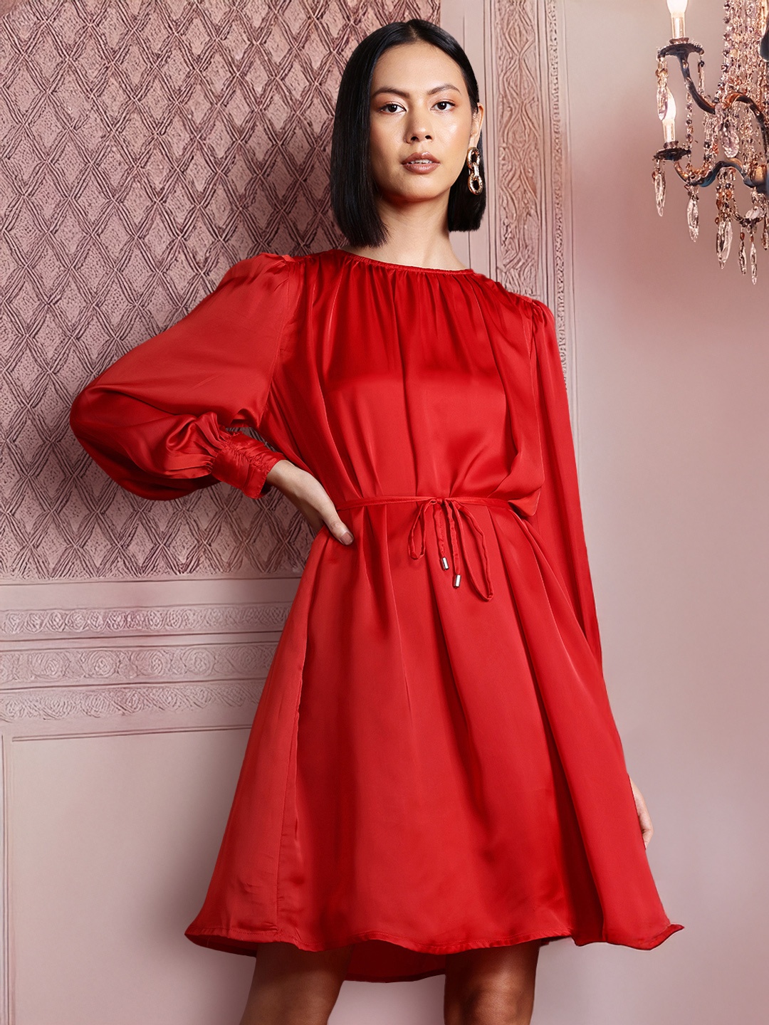 

all about you Satin A-Line Dress with Belt, Red
