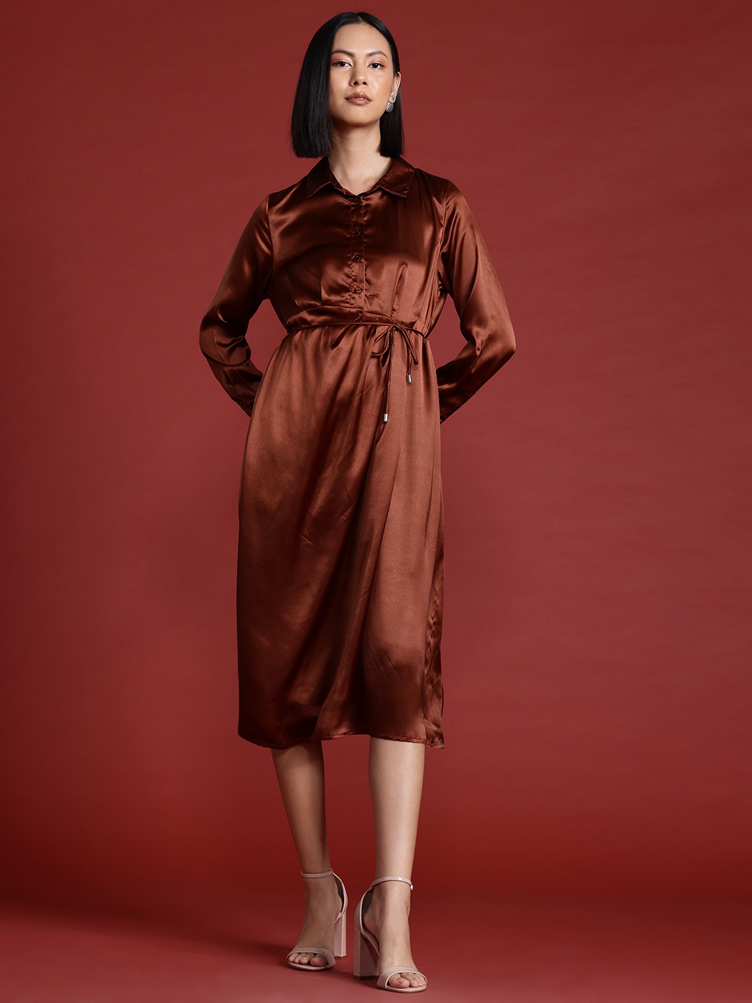 

All About You Formals Satin Shirt Midi Dress, Brown
