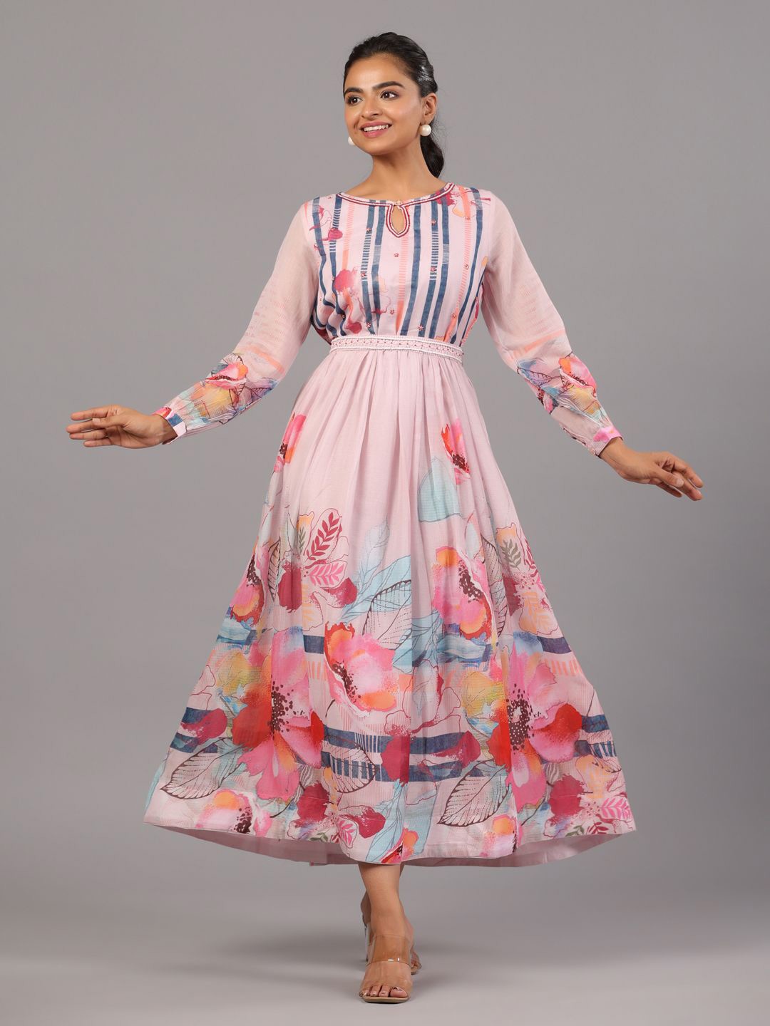 

Amchoor Women Floral Print Keyhole Neck Chiffon Maxi Dress, Pink