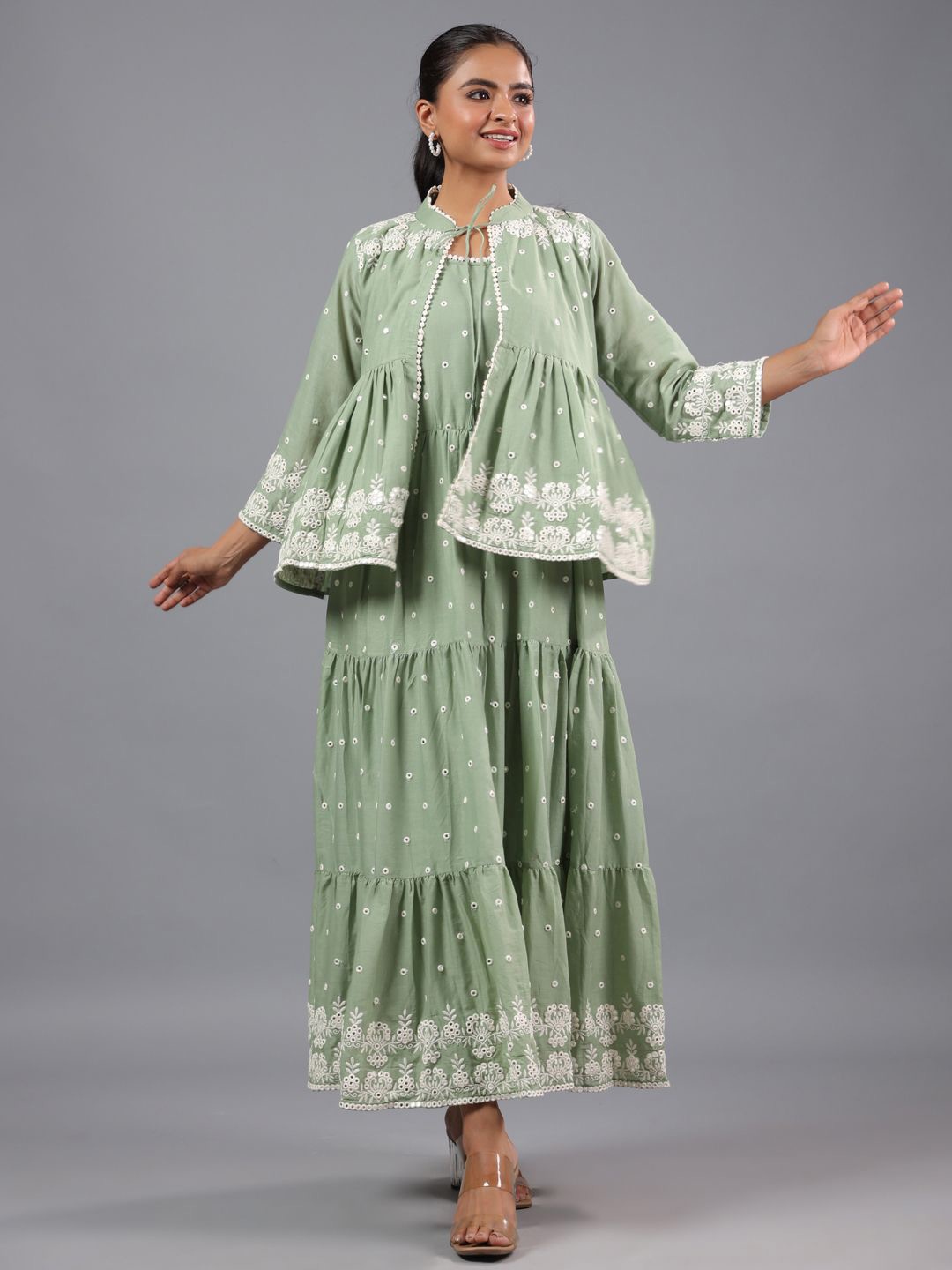 

Amchoor Women Mirror Work Tie-Up Neck Fit and Flare Ethnic Dress With Jacket, Green