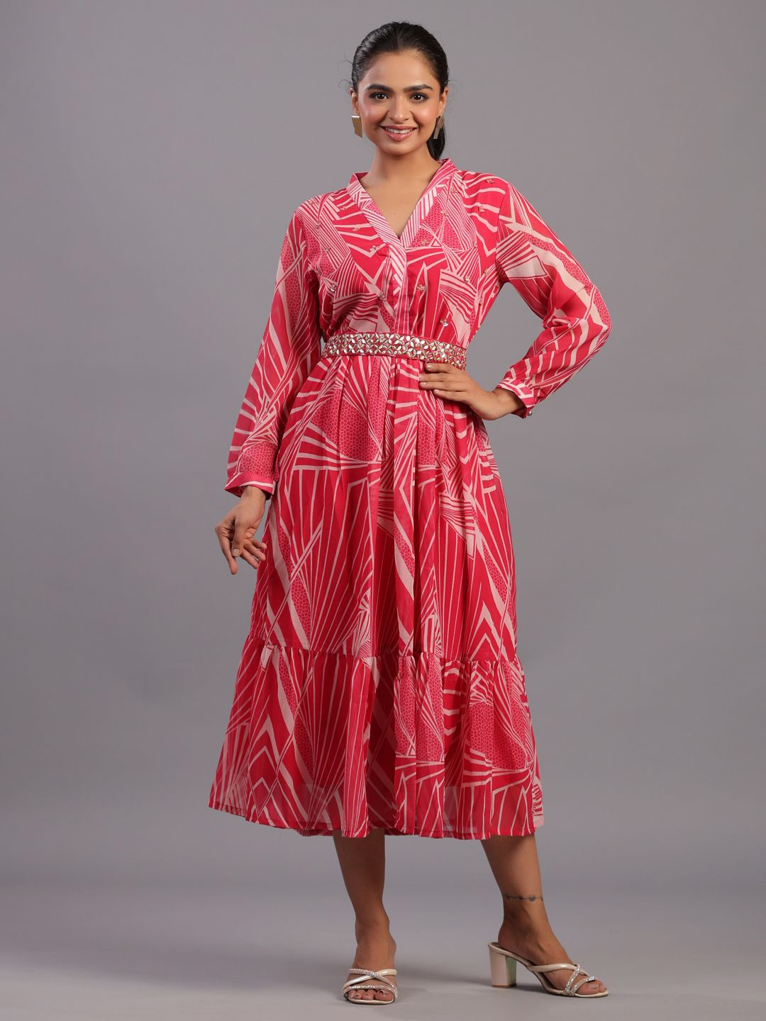

Amchoor Women Print Georgette A-Line Midi Dress, Pink