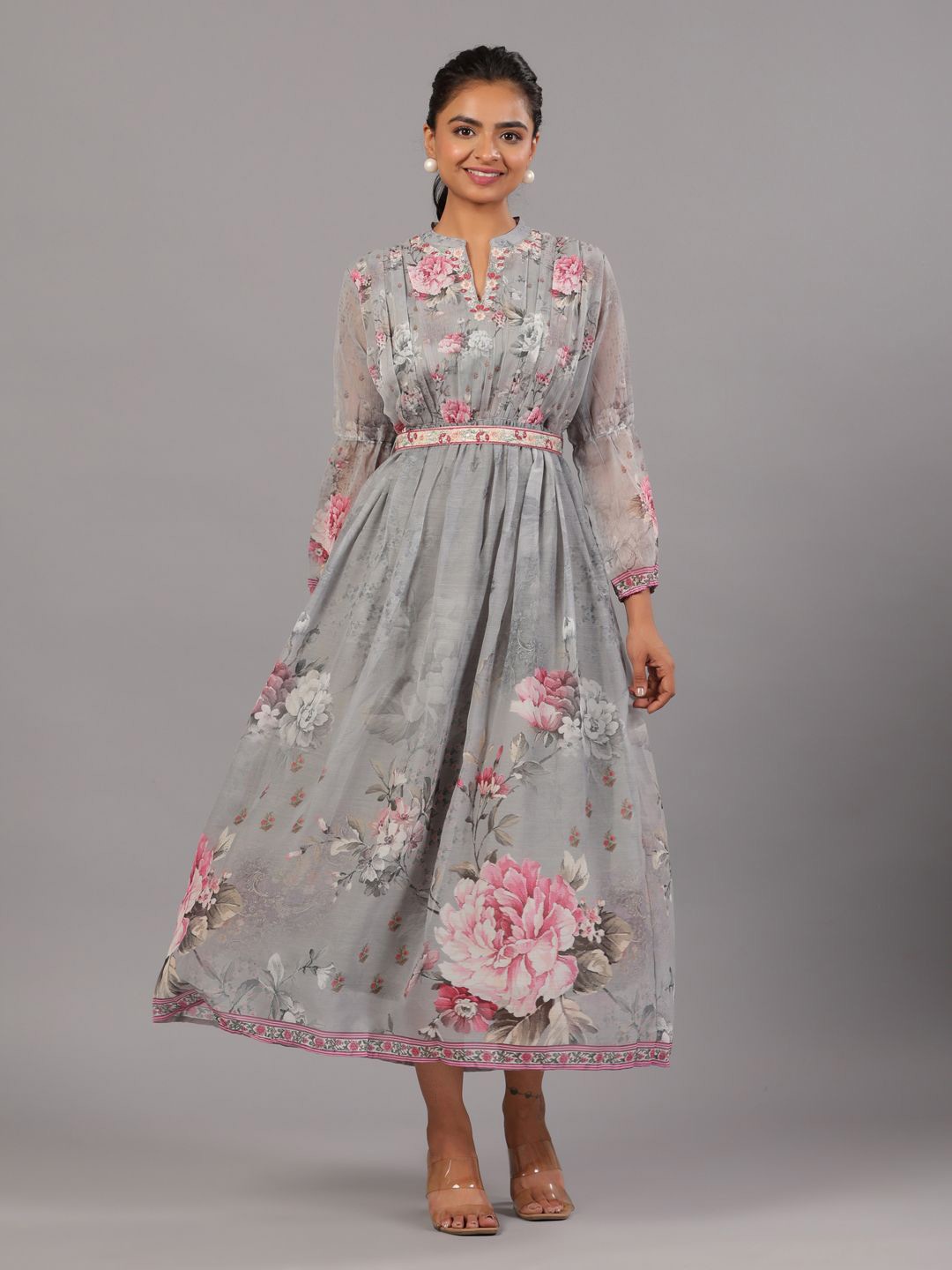 

Amchoor Women Floral Print Georgette Maxi Dress, Grey