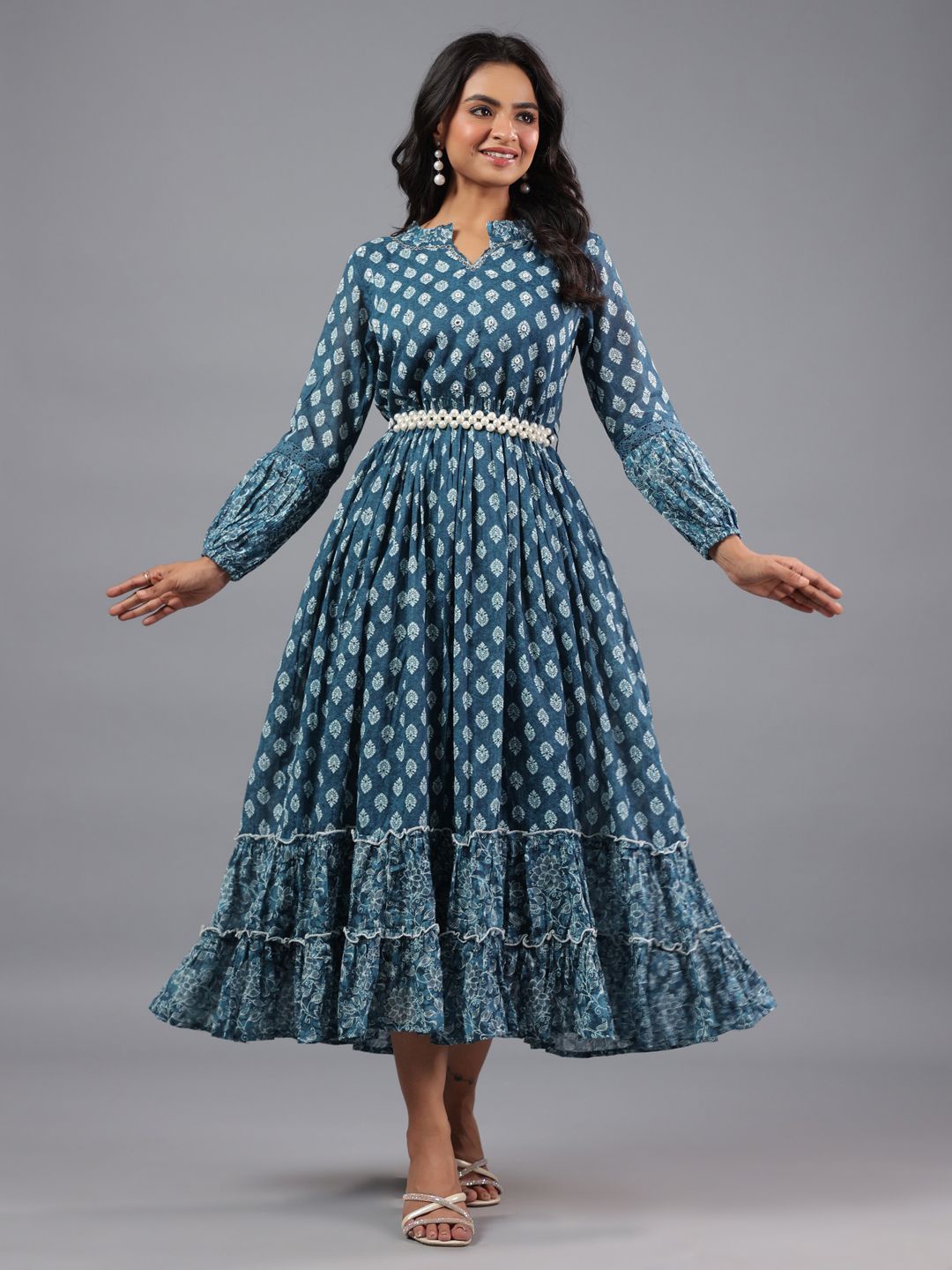 

Amchoor Women Ethnic Motifs Print Fit and Flare Dress, Blue