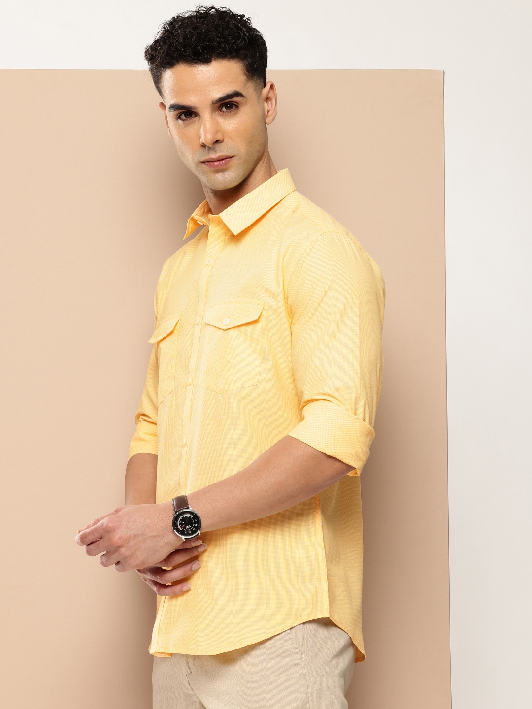 

INVICTUS Textured Slim Fit Cutaway Collar Casual Shirt, Yellow