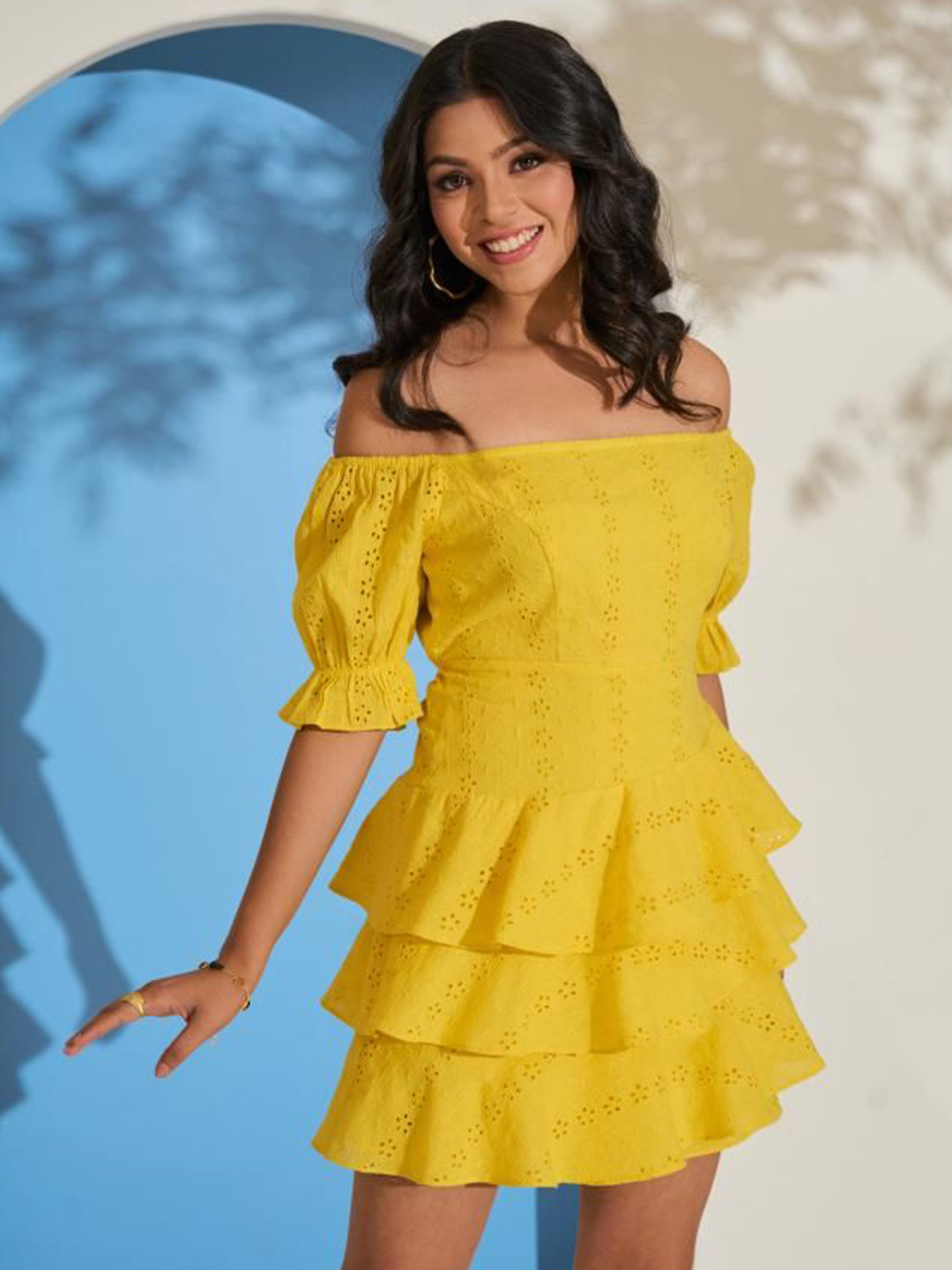 

By The Bay Women Off-Shoulder Puff Sleeves Fit and Flare Dress, Yellow