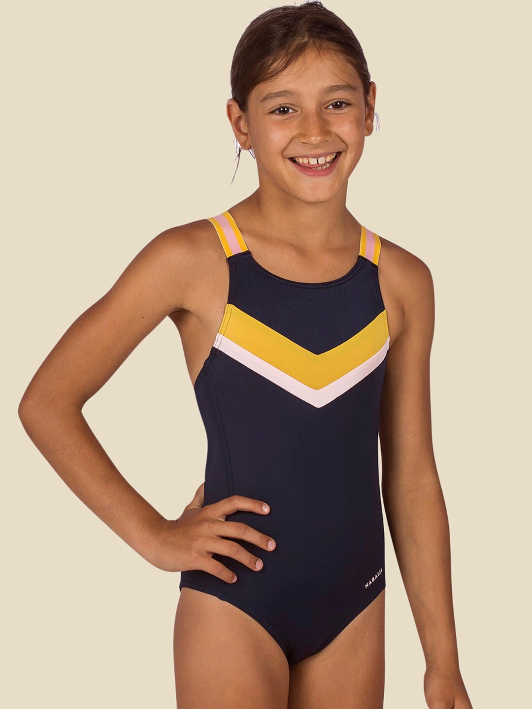

Nabaiji By Decathlon Girls Colourblock Swim Bodysuit Swimwear, Navy blue