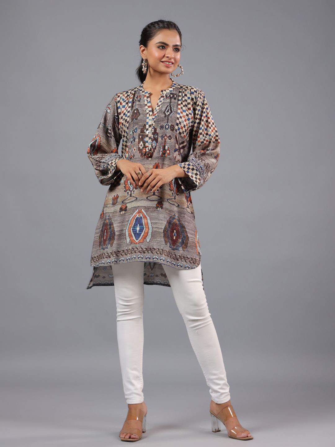 

Amchoor Print Pure Silk High-Low Longline Top, Grey