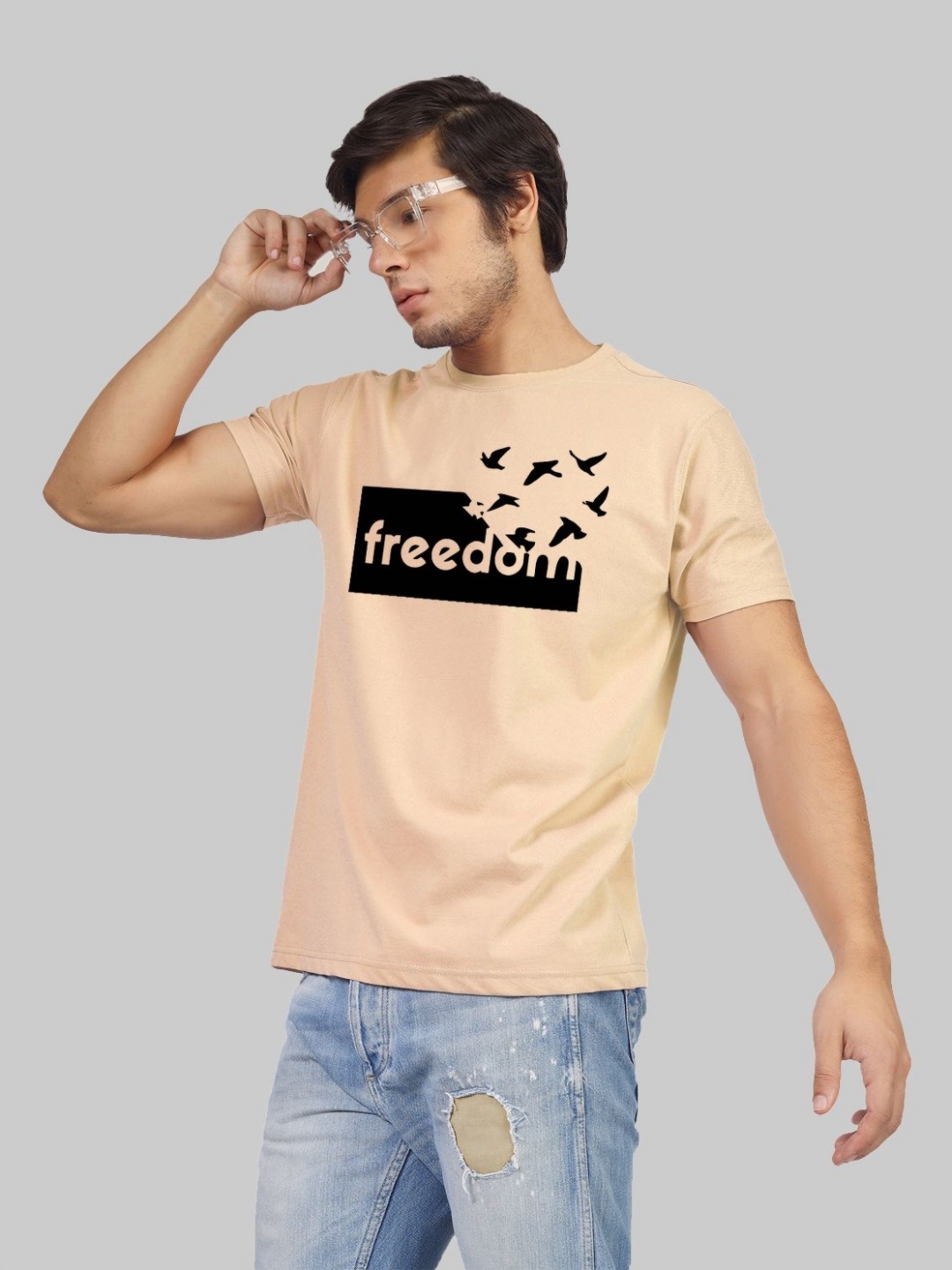 

Greylongg Men Typography Printed Round Neck T-shirt, Beige