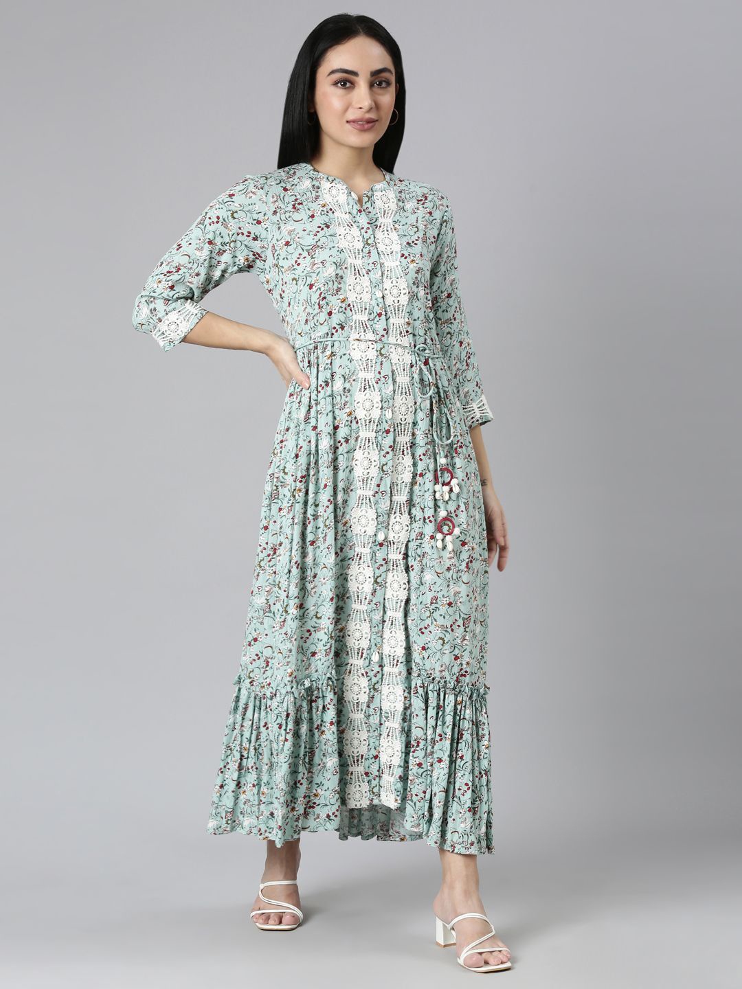 

Neerus Women Floral Print Layered Chiffon Maxi Dress, Green