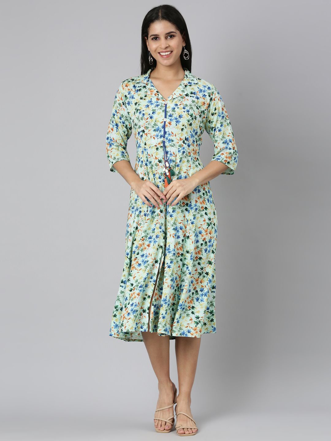 

Neerus Women Floral Print Fit & Flare Midi Dress, Green