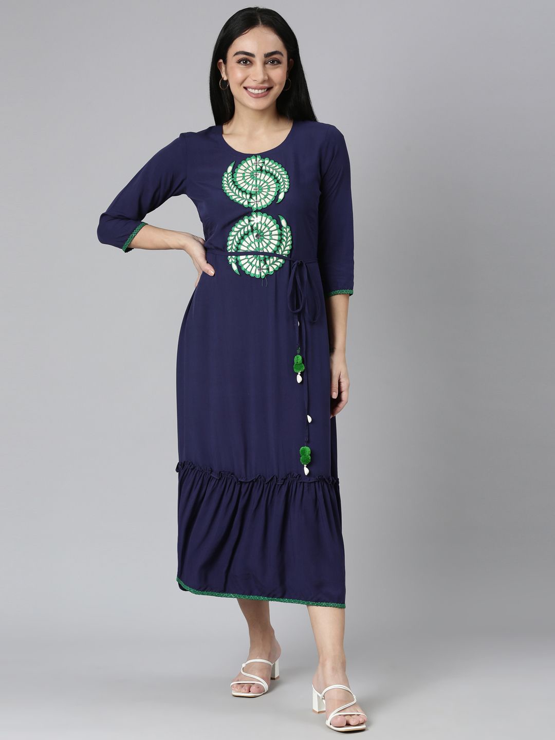 

Neerus Women Layered A-Line Midi Dress, Blue