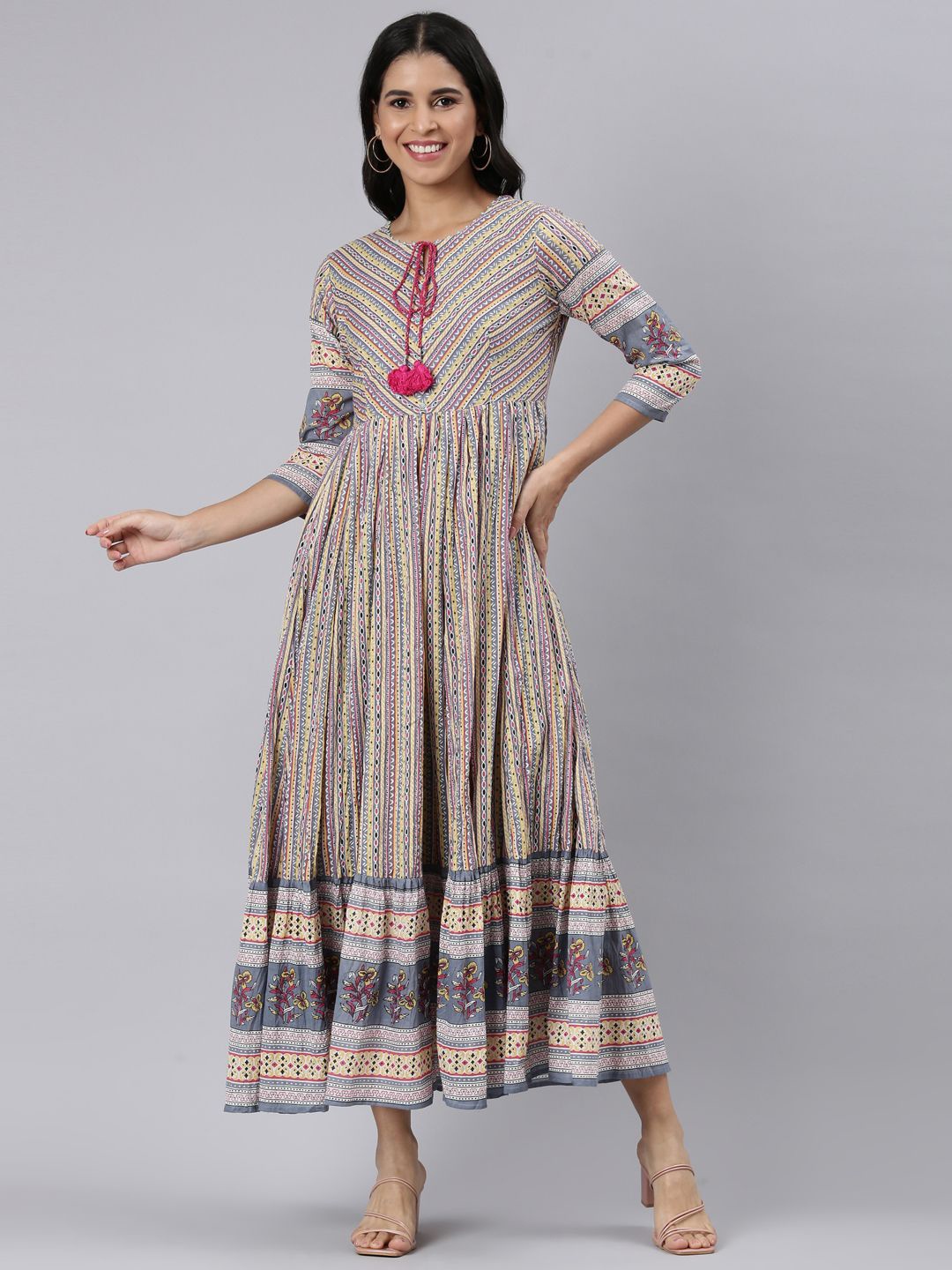 

Neerus Ethnic Women Motifs Print Tie-Up Neck Maxi Dress, Yellow