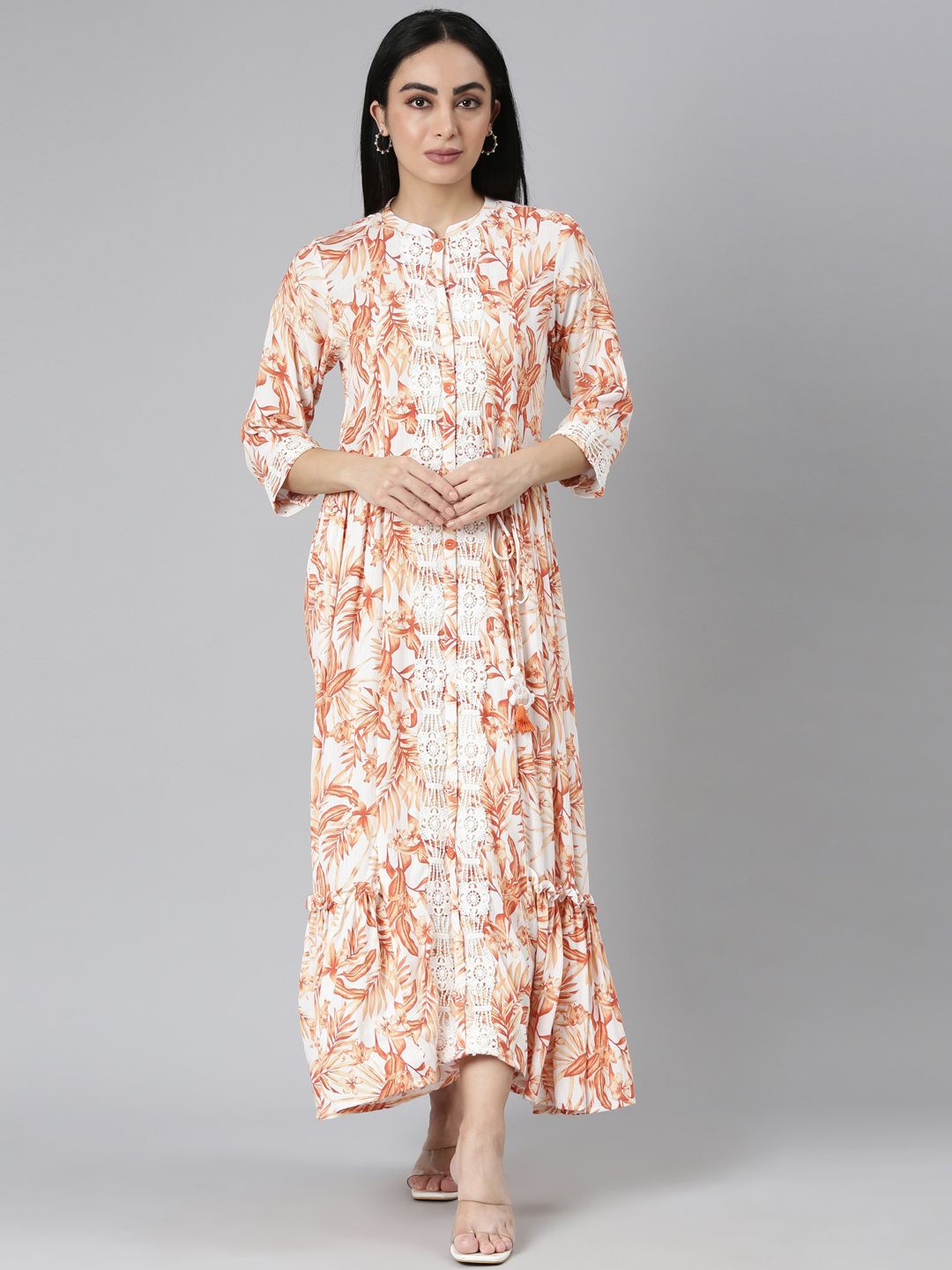 

Neerus Floral Women Print Chiffon Maxi Dress, Orange