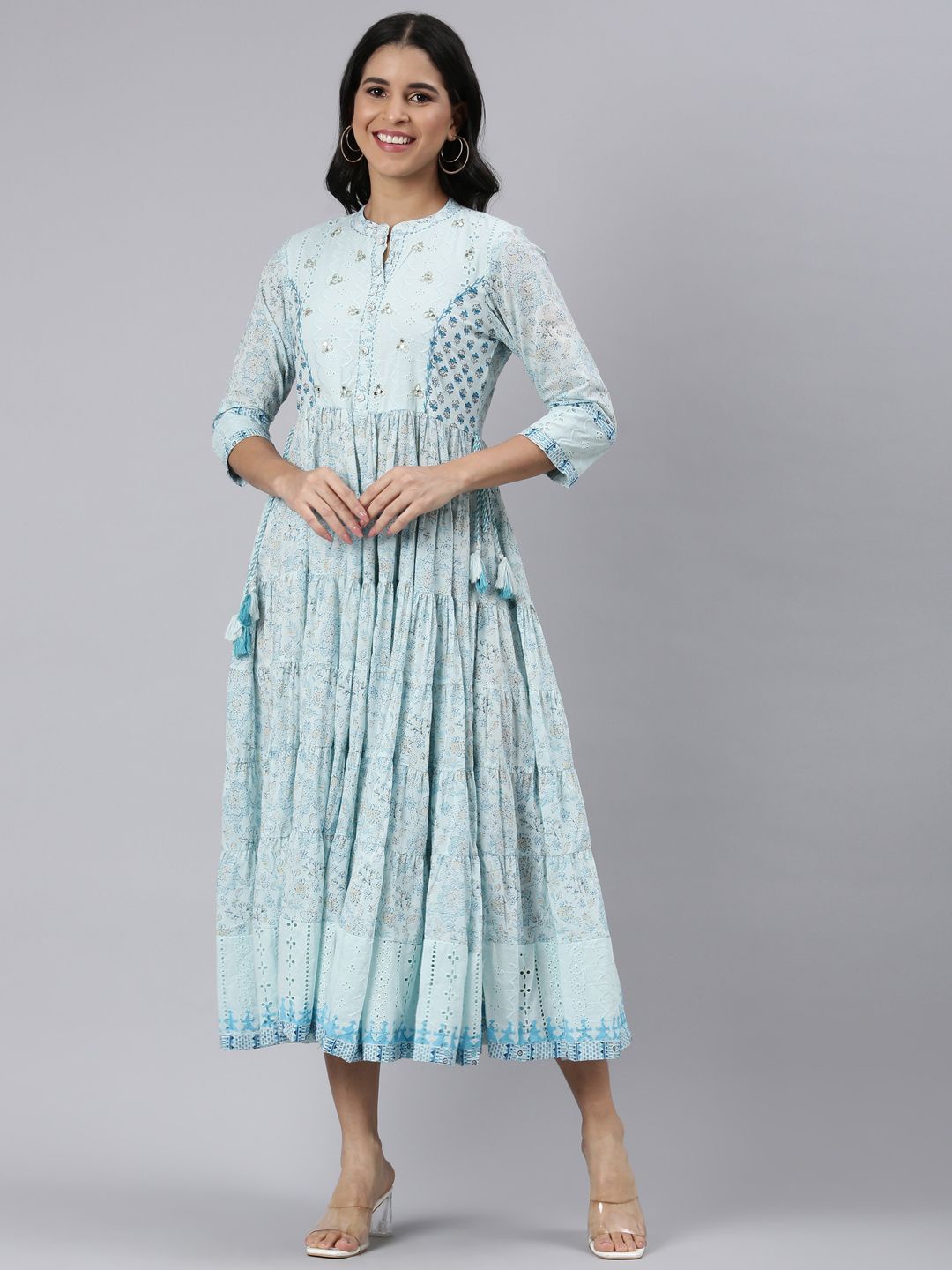 

Neerus Women Floral Print Layered Fit & Flare Midi Dress, Blue