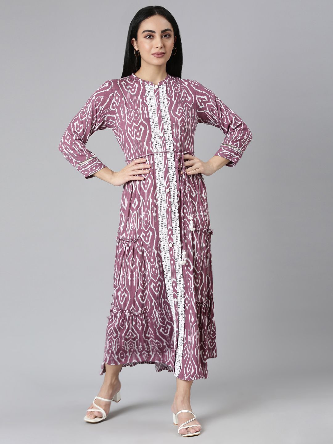 

Neerus Women Ethnic Motifs Print Layered Chiffon Maxi Dress, Purple