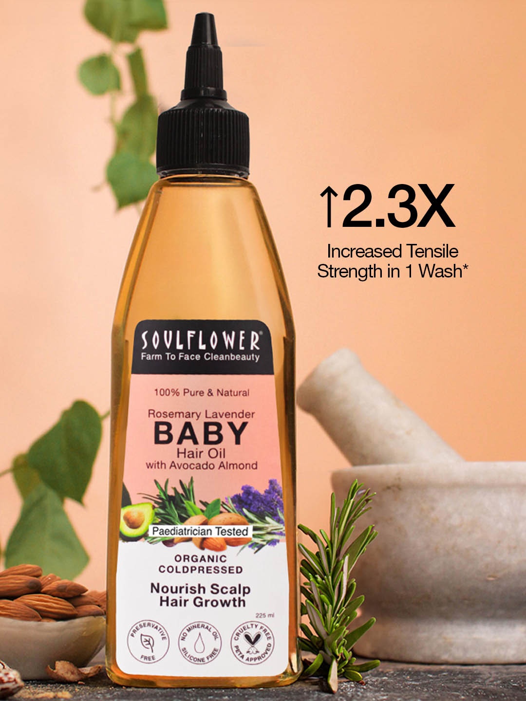 

Soulflower Pure & Natural Rosemary Lavender Baby Hair Oil with Avocado Almond - 225 ml, Transparent