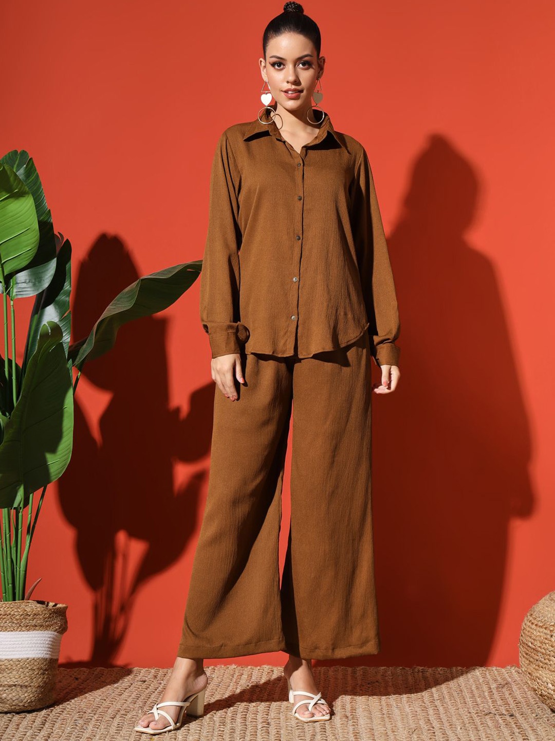 

Rudraaksha Creations Collar Neck Shirt With Flared Palazzos, Tan