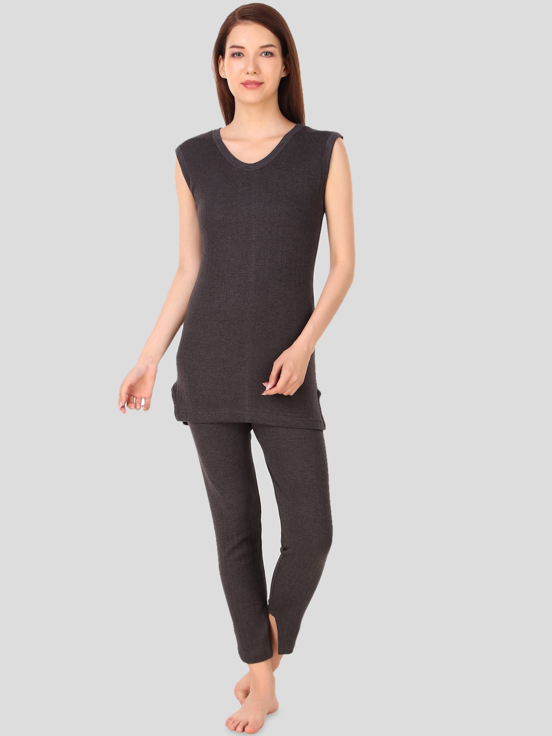 

inner element Women Sleeveless Cotton Thermal Set, Grey