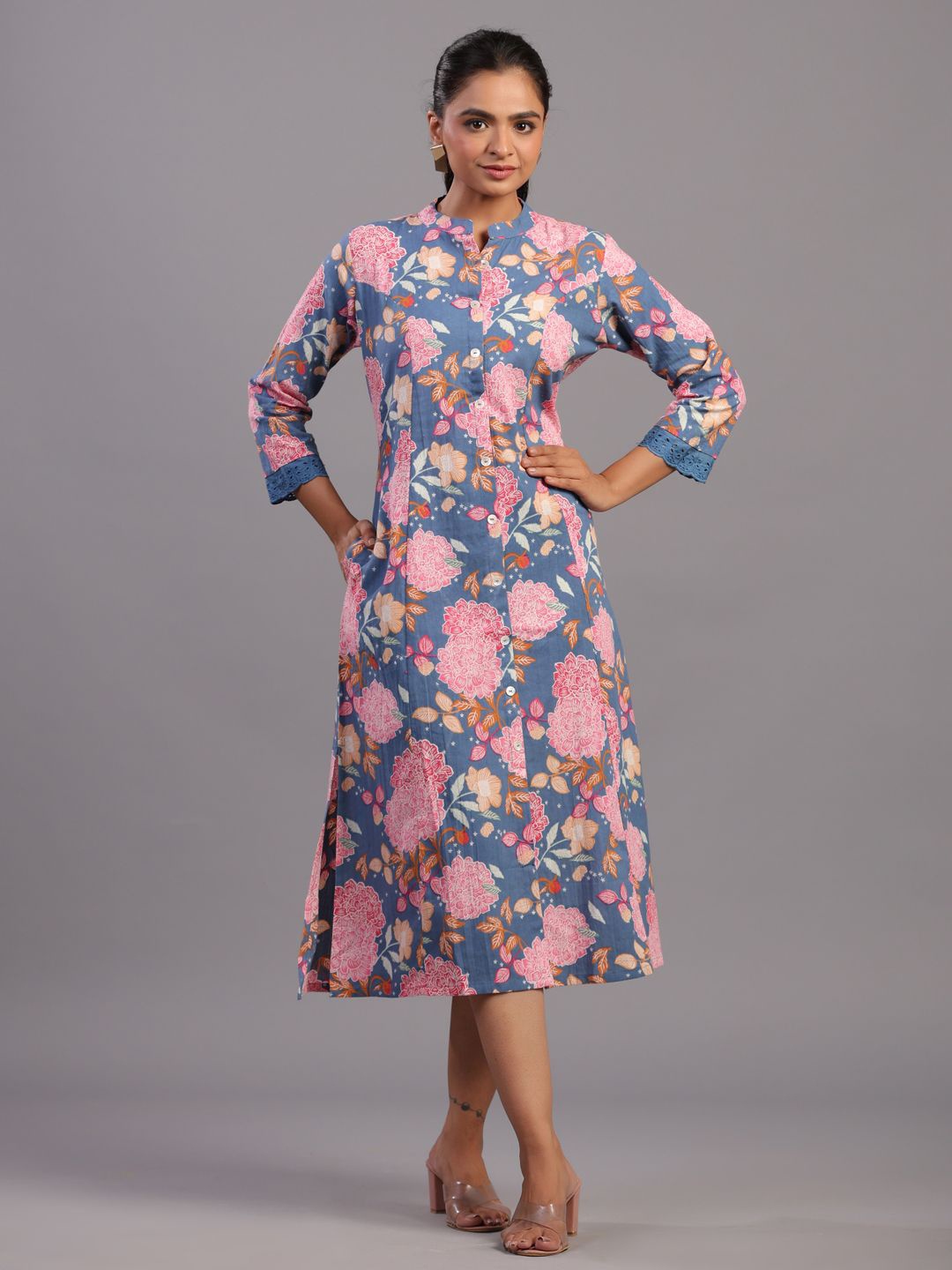 

Amchoor Women Floral Printed A-Line Ethnic Dress, Blue