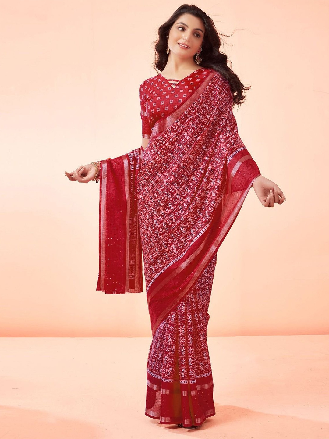 

Sitanjali Warli Printed Zari Woven Chanderi Saree, Red