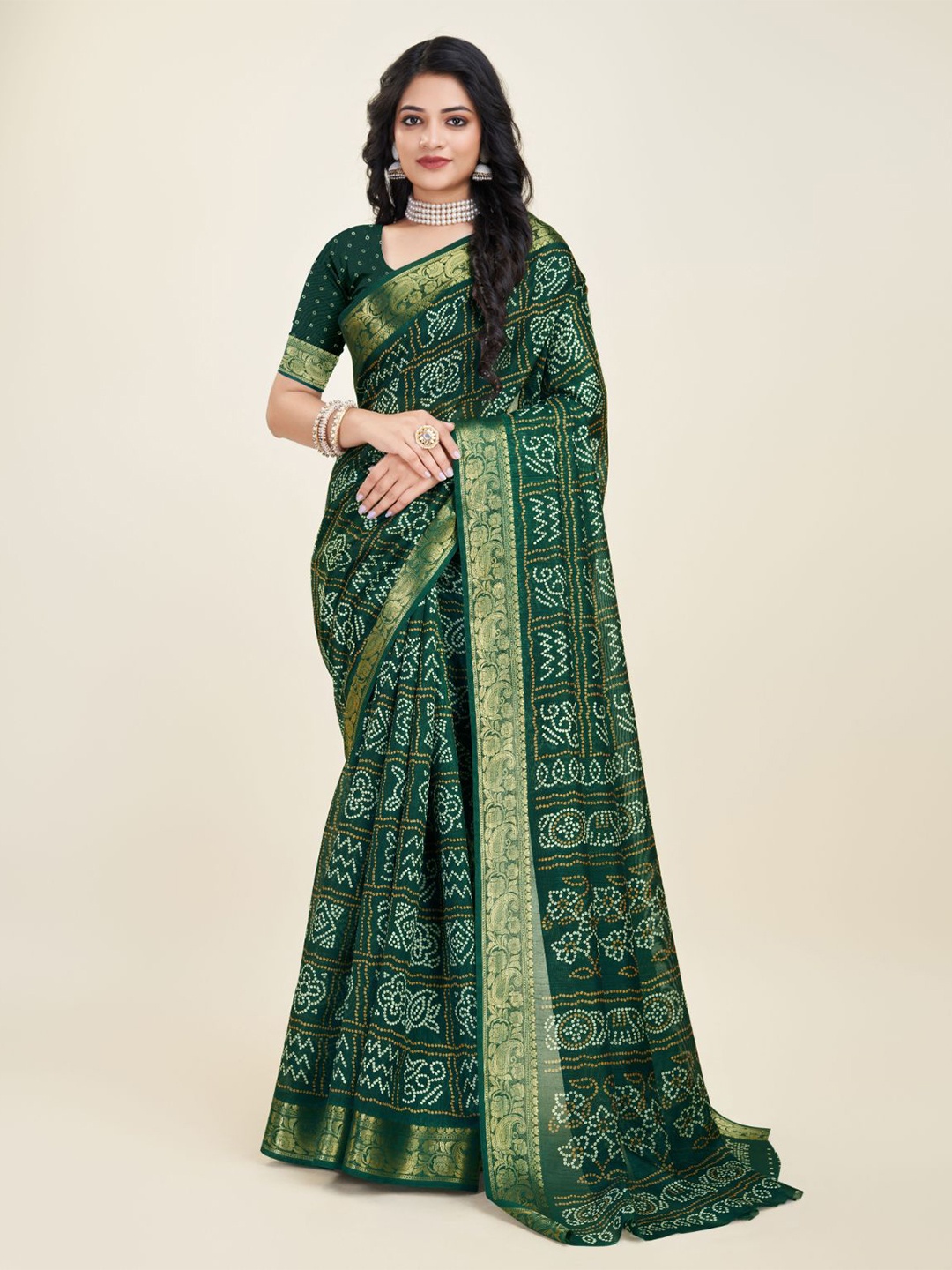 

Sitanjali Bandhni Printed Zari Woven Chanderi Saree, Green