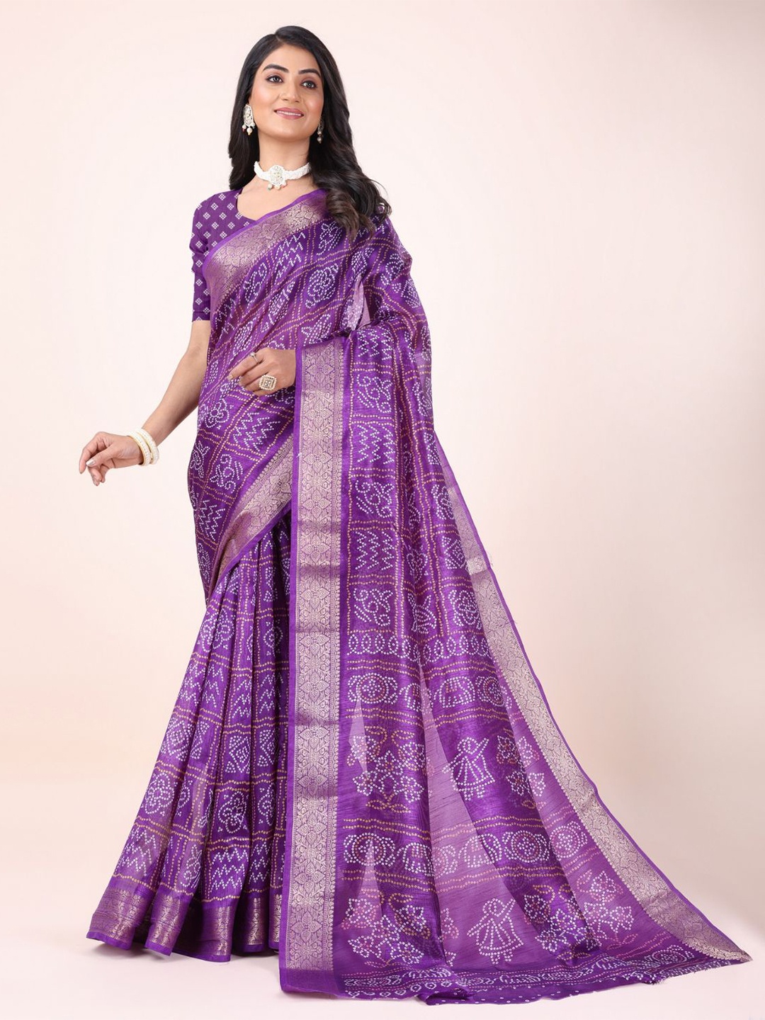 

Sitanjali Bandhni Printed Zari Woven Chanderi Saree, Purple