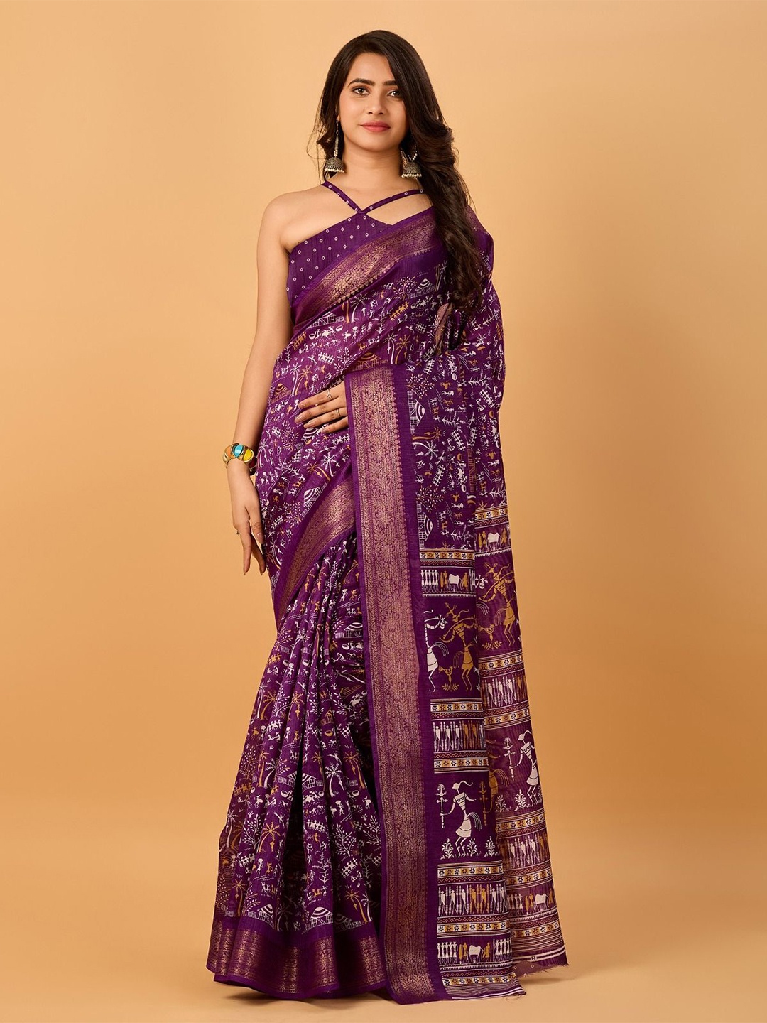 

Sitanjali Warli Printed Zari Woven Chanderi Saree, Purple