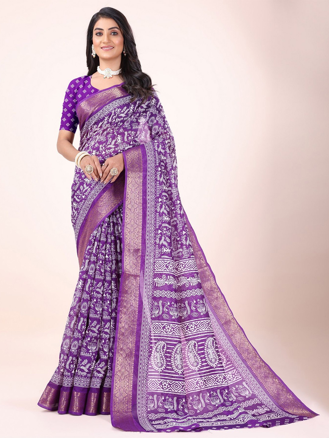 

Sitanjali Warli Printed Zari Woven Chanderi Saree, Purple